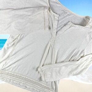Eddie Bauer Henley Top L Women Long Sleeve Cotton Cream Embroidered Casual Boho